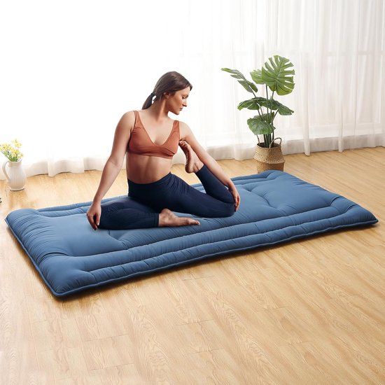 5-laags dik tatami-vloerbed – draagbare oprolbare slaapmat – voor kamperen, camper, studentenhuis, yoga, kinderspel – 203 × 99 × 10 cm – blauw