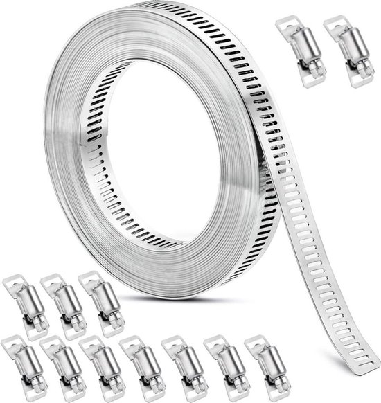 5 meter lange flexibele slangklem van roestvrij staal met 12 bevestigingsclips, verstelbare metalen klem. van Merkloos