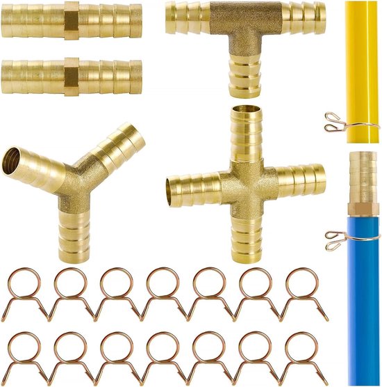 5 Stuks 10mm Slangverbinder, 2/3/4-Weg Messing Slangverbinding met 14 Slangklemmen voor Brandstof, Water en Luchtgebruik