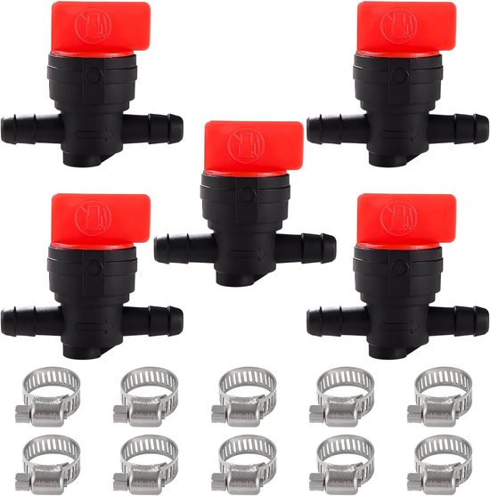 5 Stuks 1/4 Inch Inline Aan/Uit Brandstofkraan - 6-8 mm Universele Kunststof Afsluitkraan - met 10 Stuks Slangklemmen voor Bosmaaieraccessoire en Tuingereedschap van Merkloos