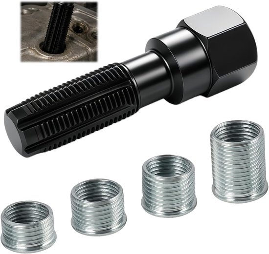 5 stuks reparatieset, bougieschroefdraad, rethreading, van chroom-vanadium-staal, schroefdraad M14 x 1,25, met 4 inzetstukken, voor het herschroeven van cilinderkoppen en auto-onderhoud
