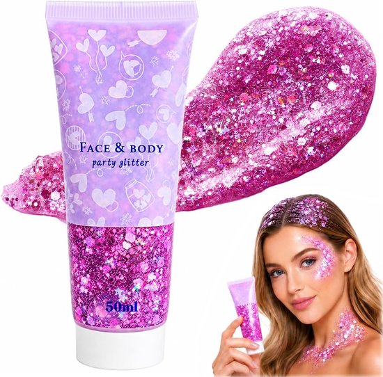 50 ml fles glitterbodylotion, glitter voor het gezicht, voor het gezicht - Cosmetisch product voor festivals,haar, nagels - Langdurige, sprankelende make-up（Roze）