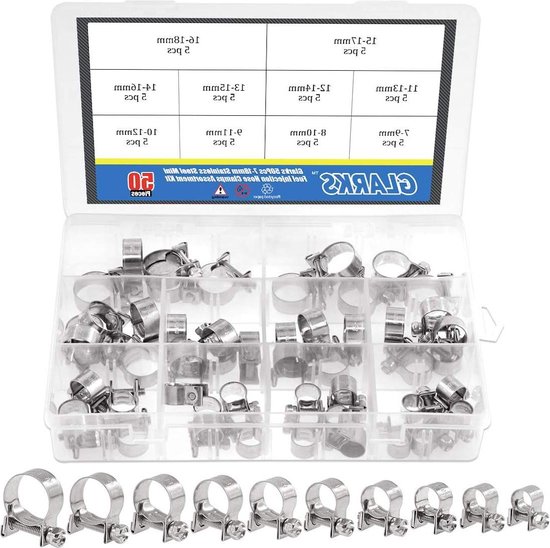 50 stuks roestvrij stalen mini brandstofinjectie slangklemmen - verstelbare pijp slangclip assortiment kit - 7-18 mm. van Glarks