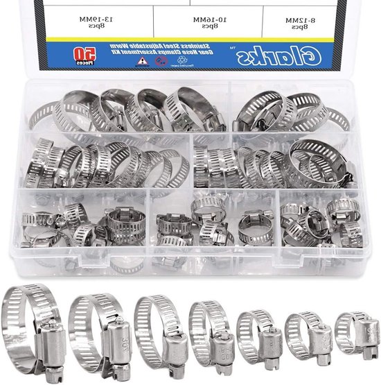 50 Stuks RVS Verstelbare Worm Gear Slangklemmen Assortiment Kit voor Hookah, 8-38mm Maat, Duurzaam en Roestvrij