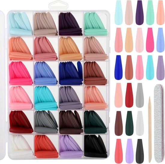 576 stuks effen kunstnagels, 24 kleuren, matte finish, press-on nagels, ballerina, volledige dekking, press-on nails kit