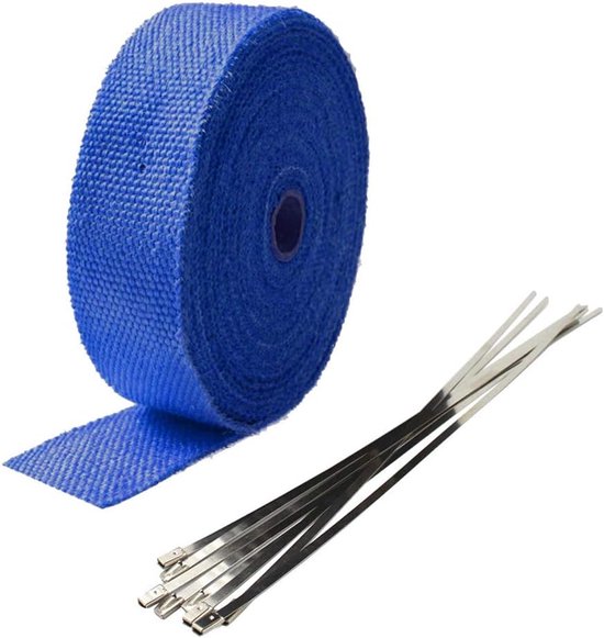 5cm x 5m Glasvezel Blauw Motorfiets Thermische Band Uitlaat Tape Band Hittebeschermingsband Uitlaatpijp Isolatie Uitlaattape Uitlaatband Auto met 6 Kabelbinders