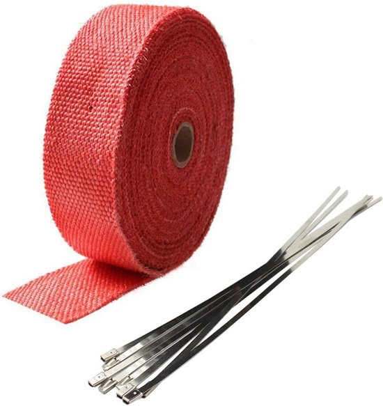 5cm x 5m Glasvezel Rood Motorfiets Thermische Band Uitlaat Tape Band Hittebeschermingsband Uitlaatpijp Isolatie Uitlaattape Uitlaatband Auto met 6 Kabelbinders