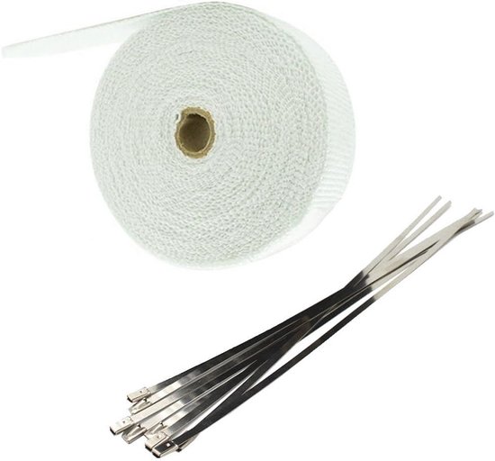 5cm x 5m Glasvezel Wit Motorfiets Thermische Band Uitlaat Tape Band Hittebeschermingsband Uitlaatpijp Isolatie Uitlaattape Uitlaatband Auto met 6 Kabelbinders