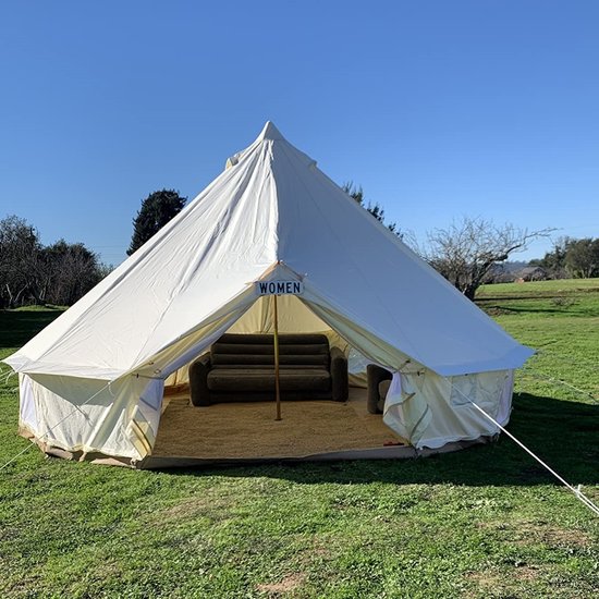 5m 900D Oxford Bell‑tent Luxe Glamping Tent Off‑wit met Schoorsteenopening