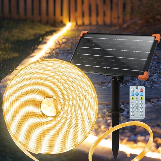 5M Waterdichte LED Strip Zonnepaneel - Warm Wit Buitenverlichting - Automatisch Aan/Uit & Timer & Afstandsbediening - Zelfklevende Tuinverlichting - Voor Terras, Pad, Trap & Patio - Eenvoudig te Installeren - Energiebesparend