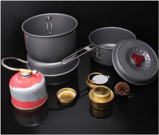 5PCS Outdoor Camping Cooking Set Portable Cookware Cookware Gas Stove Set Windproof Kettle Crib Pots for 1-2 Person Pan Set with for Outdoor Camping Hiking Picnic