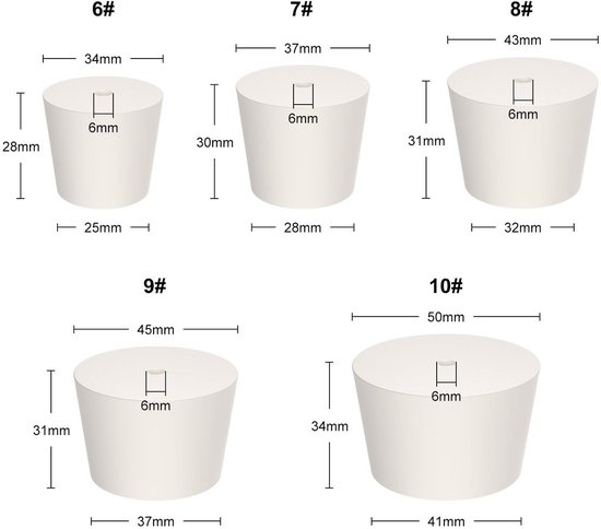 5x Massieve Rubberen Conische Stoppers met Enkel Gat - Luchtdichte Lab Stop