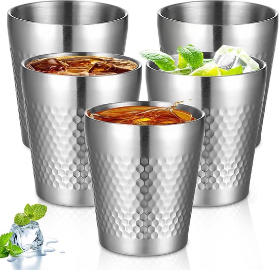5x Stapelbare RVS Bekers 300ml - Dubbelwandig & Isolerend - Onbreekbaar voor Camping en Borrel