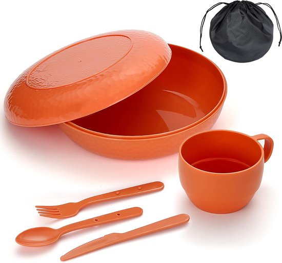 6-delige Camping Mess Kit met Kom, Bord, Beker en Bestek