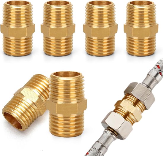 6-delige set gas slang aansluitingen, messing snelkoppeling 1/4 inch AG, dubbele nippel voor propaan en loodgieterswerk