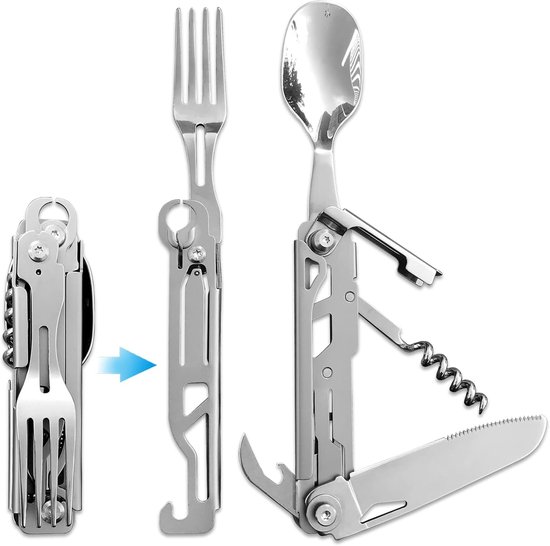 6-In-1 Opvouwbare Campingbestekset - Roestvrijstalen Outdoor Campingbestek - Compact Outdoor Bestek - Campingbestek Set - Reisbestek - Roestvrij Staal - Met Vork, Lepel, Mes, Kurkentrekker & Flesopener - Kamperen, Wandelen, Vissen, Picknicken