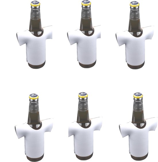 6 st. witte Sport Voetbal Shirt bier fles Koelhoudhoesje - WIT van Merkloos