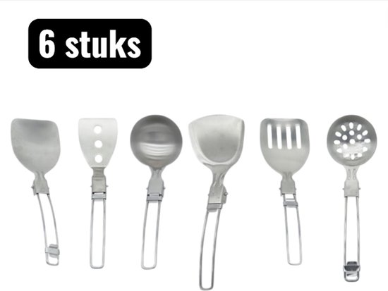 6 stuks - Campingbestek - RVS Opvouwbare Camping Bestekset - Outdoor Eetgerei & Koekenpan Spatel in Één - Compacte Lichtgewicht Set voor Kamperen, Picknick en Reizen - Zilver