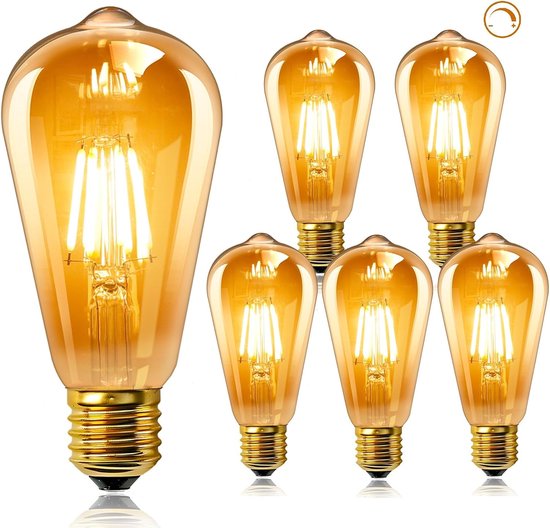 6 stuks Edison vintage gloeilamp, E27, dimbaar, 220 V, ST64 retro led-filamentlamp, 6 W, vervangt 60 W gloeilampen, 600 lm, warmwit, 2200 K, nostalgische ledlamp, E27, voor café, restaurant, bar, huis