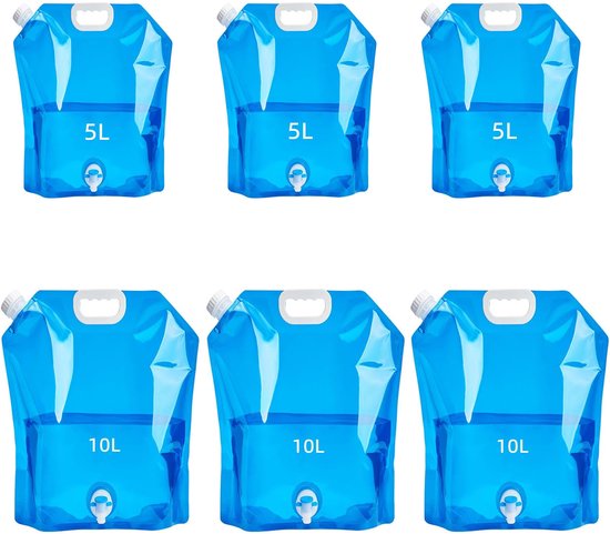 6 stuks - Opvouwbare waterop slagzakken - Met kraan - 5 en 10 Liter - Watercontainer - Noodwaterfles - Campingwaterjerrycan - Watertank - Draagbare waterzak - Noodpakket - Voor buitensporten, kamperen, wandelen, picknick, barbecue - Blauw van Merkloos