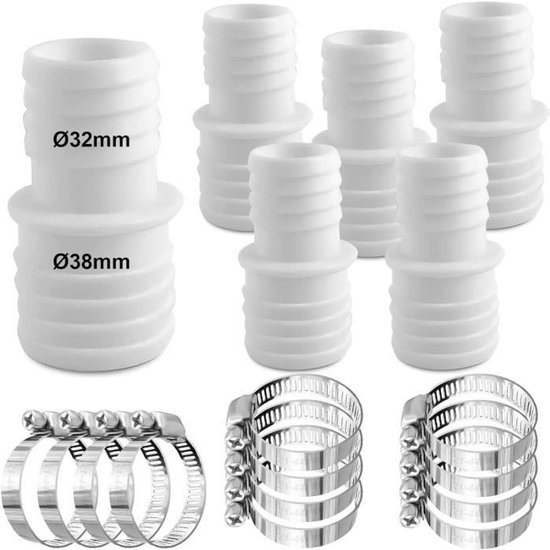 6 stuks - Slangaansluitingen - ∅32 mm tot ∅38 mm - 12 slangklemmen - Zwembadslang - Adapter - Slangadapter - Dubbele slangtuit - Wit van Merkloos
