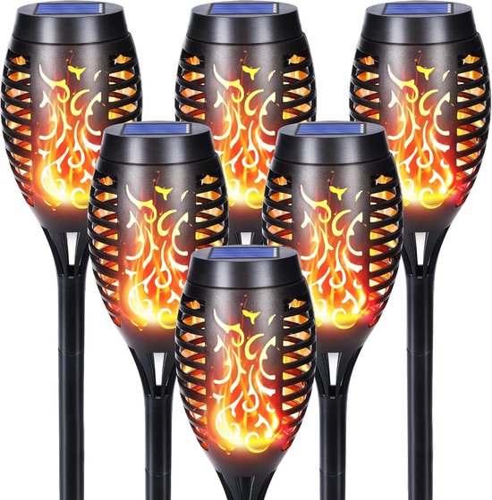 6 stuks solarlampen voor buiten - 12 led-zonnelampen voor buiten, tuin, met realistisch vlameffect, IP65 waterdicht, tuinfakkels, zonne-energie voor tuinen, paden, achtertuin, gazon, balkon,