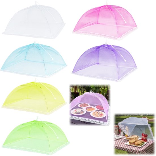 6 stuks Voedselhoezen - Vliegenbeschermer - Gekookt voedselnet - Parapluvormige gaasafdekking - Fruitinsectenafdekking - Opvouwbaar - Vierkante taarthoes - Voor barbecue, eten, fruit, buffetten, picknicks, thuisgebruik (32*15 cm - Diverse kleuren)