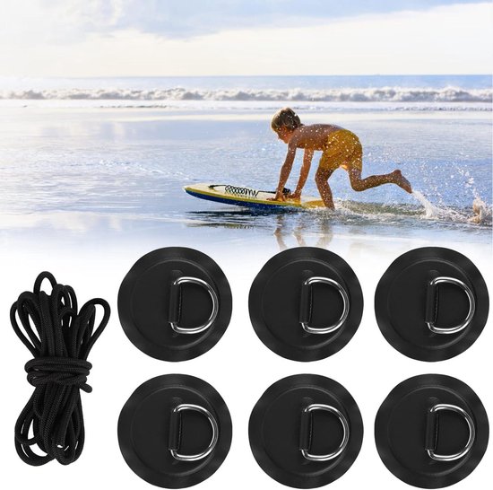 6 x D Ring Patch PVC Roestvrij Staal Met 5 M Lange Elastische Band, Kano Kajak Accessoires Ring Voor Opblaasbare Boten, Vlot, Stand-Up-Paddleboard, Geen Lijm Ontvangen, Zwart