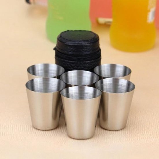6x Rvs Shot Bekertjes - Borrelglaasjes - Thee/ Koffie Beker - Shotjes met Leren Case - Bekers 30 ML van Binsons