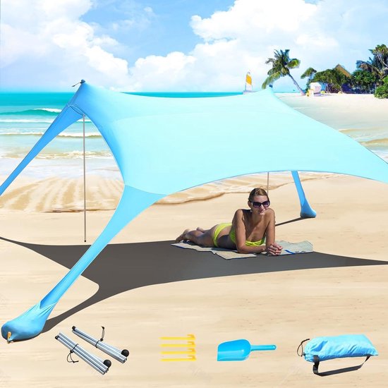 7 × 7 ft strandtent zonnezeil UPF50+ UV-bescherming - outdoor luifel tent zonnescherm - camping strand vissen - achtertuin picknicks - blauw van Venustas