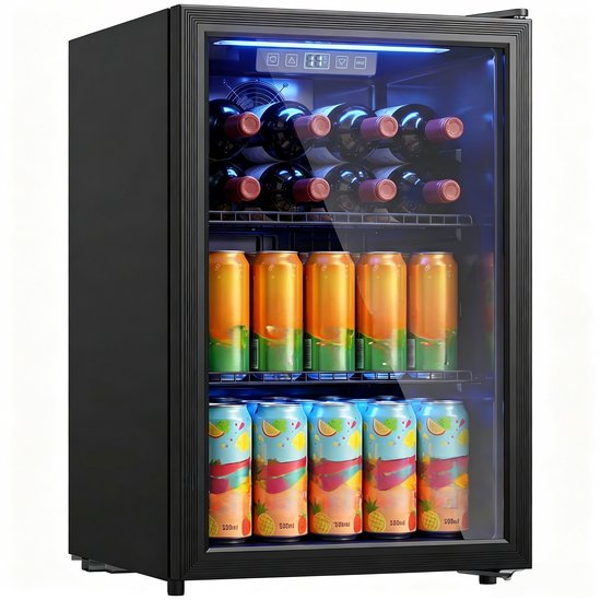 70L Drankenkoelkast - Zwart Dubbele Glazen Deur - UV-bescherming 2 Verstelbare Roosters LED - Display Verlichting 2-18°C- Instelbaar Stille 43dB - Vrijstaande Mini Koelkast - voor Kantoor Slaapkamer Bar
