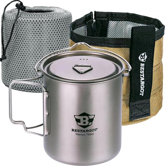 750 ml Titanenbeker Campingpan Outdoorbeker met isolatiehoes, Titanen camping servies set, Outdoor pan kookgerei, Grote capaciteit voor solo kamperen, wandelen, bushcraft. van Lixada
