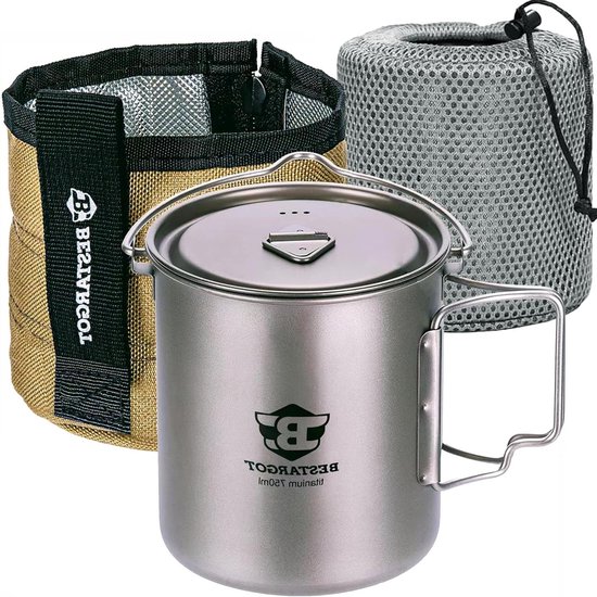 750 ml titanium beker met isolatiezak - Serviesset voor solo-kamperen, wandelen en bushcraft van Merkloos