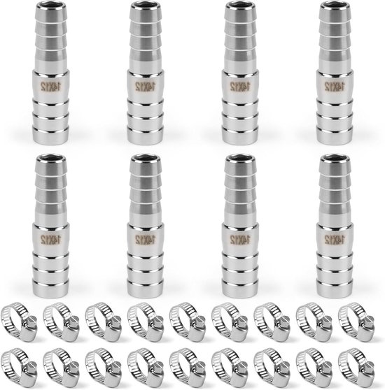 8-delige 304 RVS Slangadapter Set van 14mm naar 12mm, Reducer Slangverbinder met 18 Slangklemmen voor Vloeistoffen, Water en Lucht
