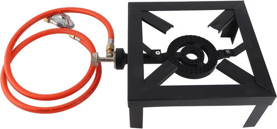 8 kW gasfornuis met kookring, gietijzeren constructie, groot LPG-fornuis, buitenkooktoestel met ijzeren frame, draagbaar fornuis met vuurregeling.
