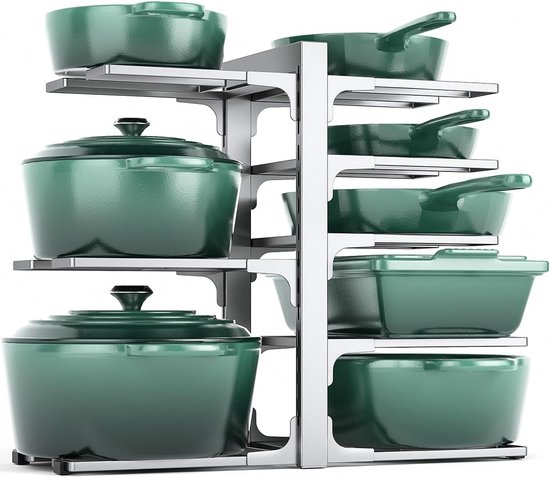 8-Tier Potten en Pannen Organizer onder kast, 40,2 cm Hoogte Heavy Duty Pot Pan Organizer Keukenkast Organisatie en Opslag, Verstelbaar Pot Rack voor Koekenpan, Gietijzeren Koekenpan, Sliver