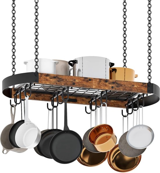 80,5 cm hangend pannenrek, ruimtebesparend pannenhanger voor de keuken, plafond pannenrek met 16 afneembare S-haken, stevig metalen frame, industriële stijl, rustiek bruin en zwart TPR09BF