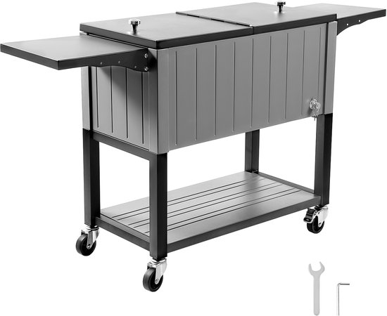 80QT rolbare koelbox, biedt plaats aan maximaal 50 flessen of 110 blikjes, mobiele drankkoelwagen voor op het terras met opbergplank en inklapbare zijplanken, drankcontainer met wielen en flesopener