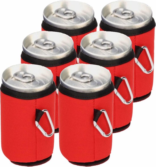 8x Stuks blikjes koeler / koelhoud hoesjes / bierblik hoesjes met karabijnhaak - rood - Frisdrank/bier blikjes koel houden van MaxxGarden