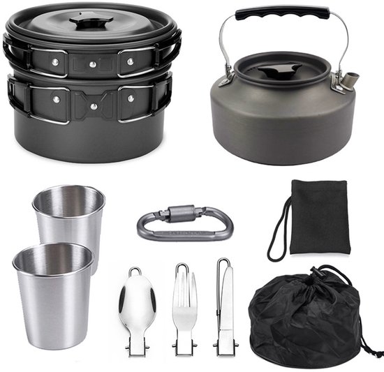9-delige kookset - Opvouwbare kampeerpan - kookgerei - kookgerei set - Kookgerei voor buiten - Kookgerei - Aluminiumlegering - Zwart