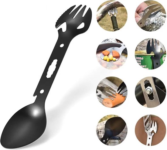 9 in 1 Multitool Vork en Lepel I Campingbestek I Tandsnijder I Moersleutel I Kurksleutel I Blikopener I Schroevendraaier I RVS I Zwart van Bo-Camp