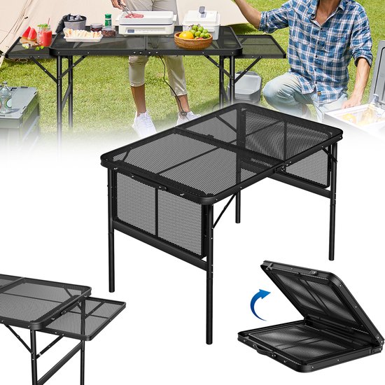 90×60CM Draagbare Hoogte Verstelbare Campingtafel met Metaal Gaasplaat – Licht en Stevig Metaal Frame, Compact Opvouwbaar Ontwerp voor Strand