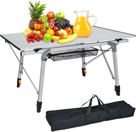 90x52cm Opvouwbare Campingtafel, 45cm-68cm in Hoogte Verstelbaar, Buffettafel Belasting tot 30kg, Aluminium Vouwtafels met Inklapbaar Tafelblad en Draagtas, Zilveren Klaptafel voor Strand/Picknick/Balkon/Tuin, NAIZY van Merkloos