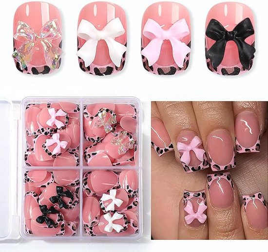96-delige set met kunstmatige nagels in French tip design, korte vierkante nagels, roze luipaardprint, strikjes en manicuredecoratie