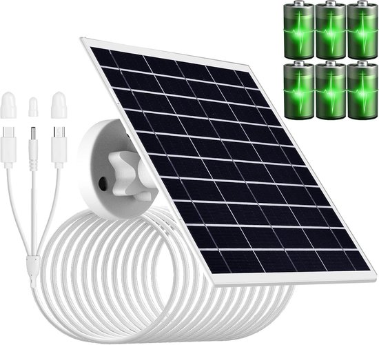 9W/5V zonnepaneel met ingebouwde 15600mAh oplaadbare batterij, met 5ft 3-in-1 oplaadkabel (micro USB, Type-C en DC3.5 * 1.35 connector) voor beveiligingscamera's en andere apparaten, IP66 waterdicht van Merkloos