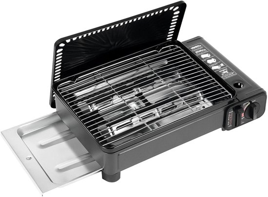 Aafinity camping gas kooktoestel - kooktoestel camping - kooktoestel gas - gas bbq - zwart - met opbergkoffer - voor groente vlees en aardappelen van Merkloos