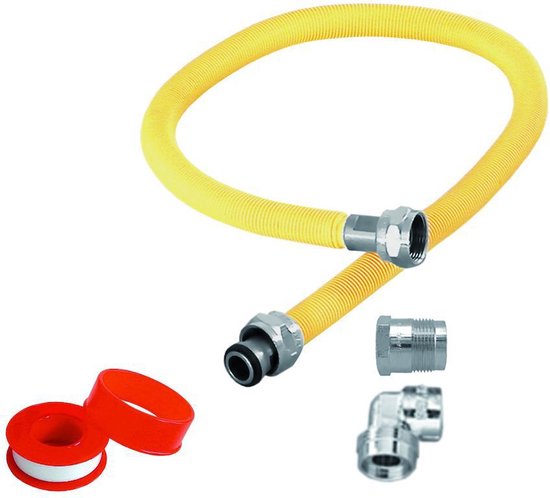 Aansluitmateriaal RVS gasslang 600mm geel met aansluitnippels haaks/recht met tape gastec van Merkloos