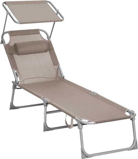 ACAZA Ligbed - Ligbed Tuin - Ligstoel Taupe - Tot 150 kg - 193 x 53 x 29,5 cm (L x B x H) - Ligbedden - Zonnebed - Tuinmeubelen - Ligstoelen - Tuin Ligstoel - Inclusief Hoofdsteun, Zonnescherm en Verstelbare Rugleuning - Draagbaar - Ligzetel van Merkloos