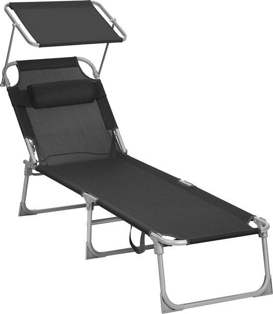 ACAZA Ligbed - Ligbed Tuin - Ligstoel Zwart - tot 150 kg - Ligbedden - Zonnebed - Tuinmeubelen - Ligstoelen - Tuin Ligstoel - Inclusief Hoofdsteun, Zonnescherm en Verstelbare Rugleuning - Draagbaar - Ligzetel van ACAZA