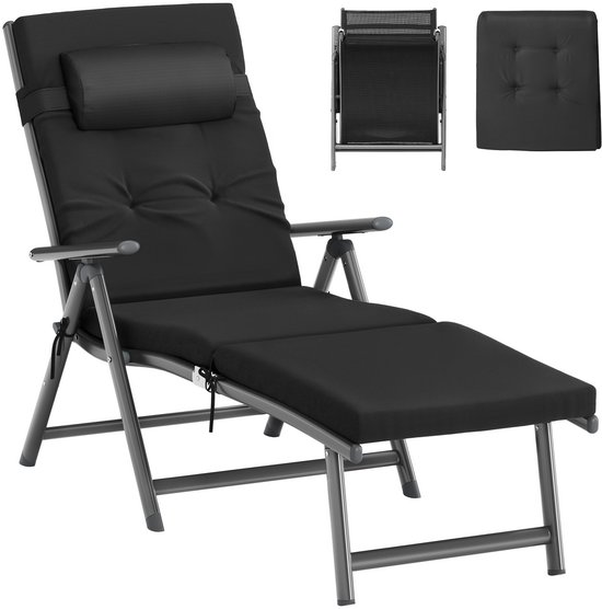ACAZA Ligbed Tuin - Ligstoel - Zonnebed - Stretcher - Ligzetel Buiten - Ligbed Opvouwbaar - Strandbed - Lounge Bed - Tot 150 kg - 7 Standen - Inclusief Kussen, Hoofdsteun en Zonnescherm - Antraciet van Merkloos